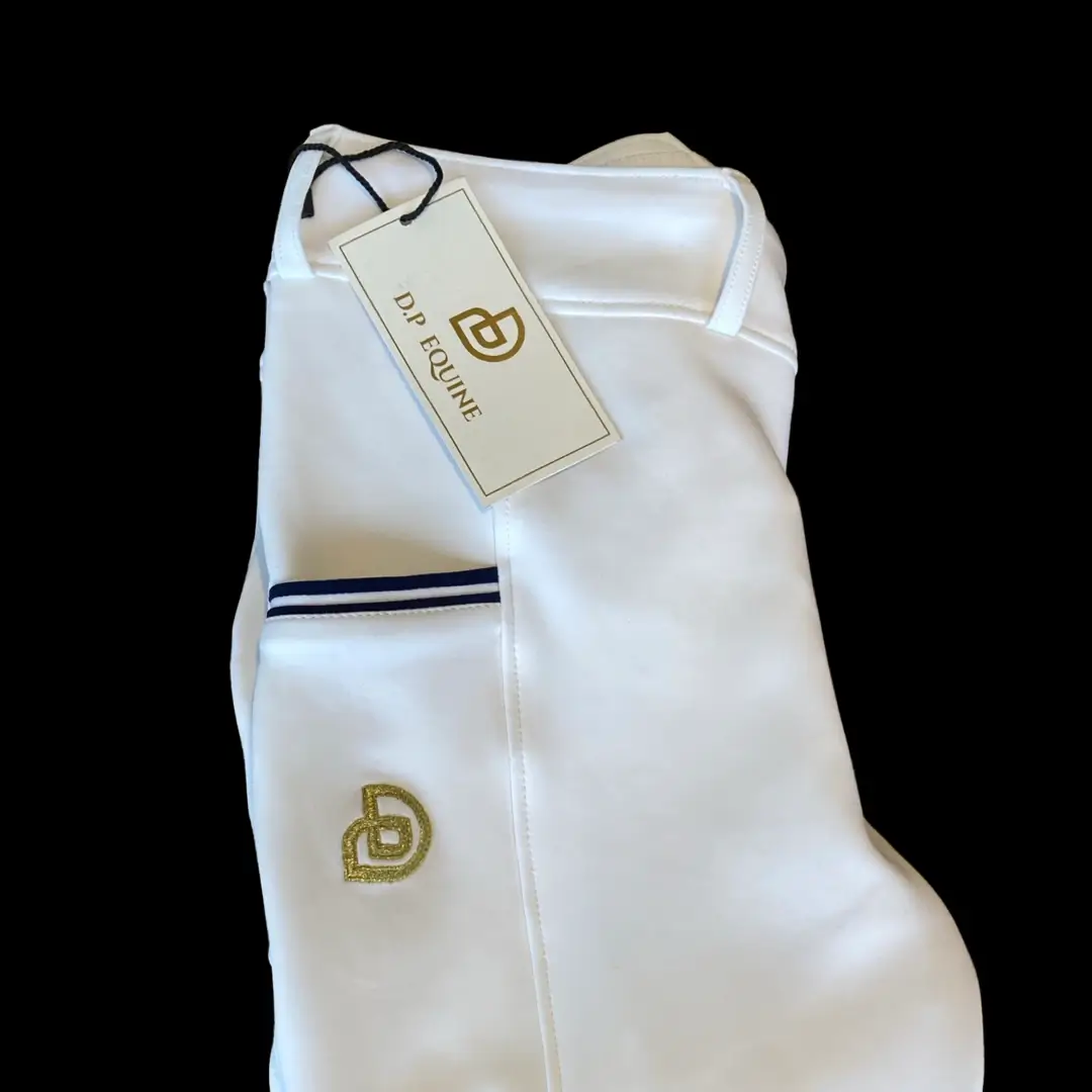 Competition- White RidingLeggings with Gold Logo - D.P Equine - Equestrian  Clothing