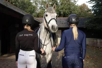 White and Navy Horse Riding Leggings by DP Equine horse yard shot - back