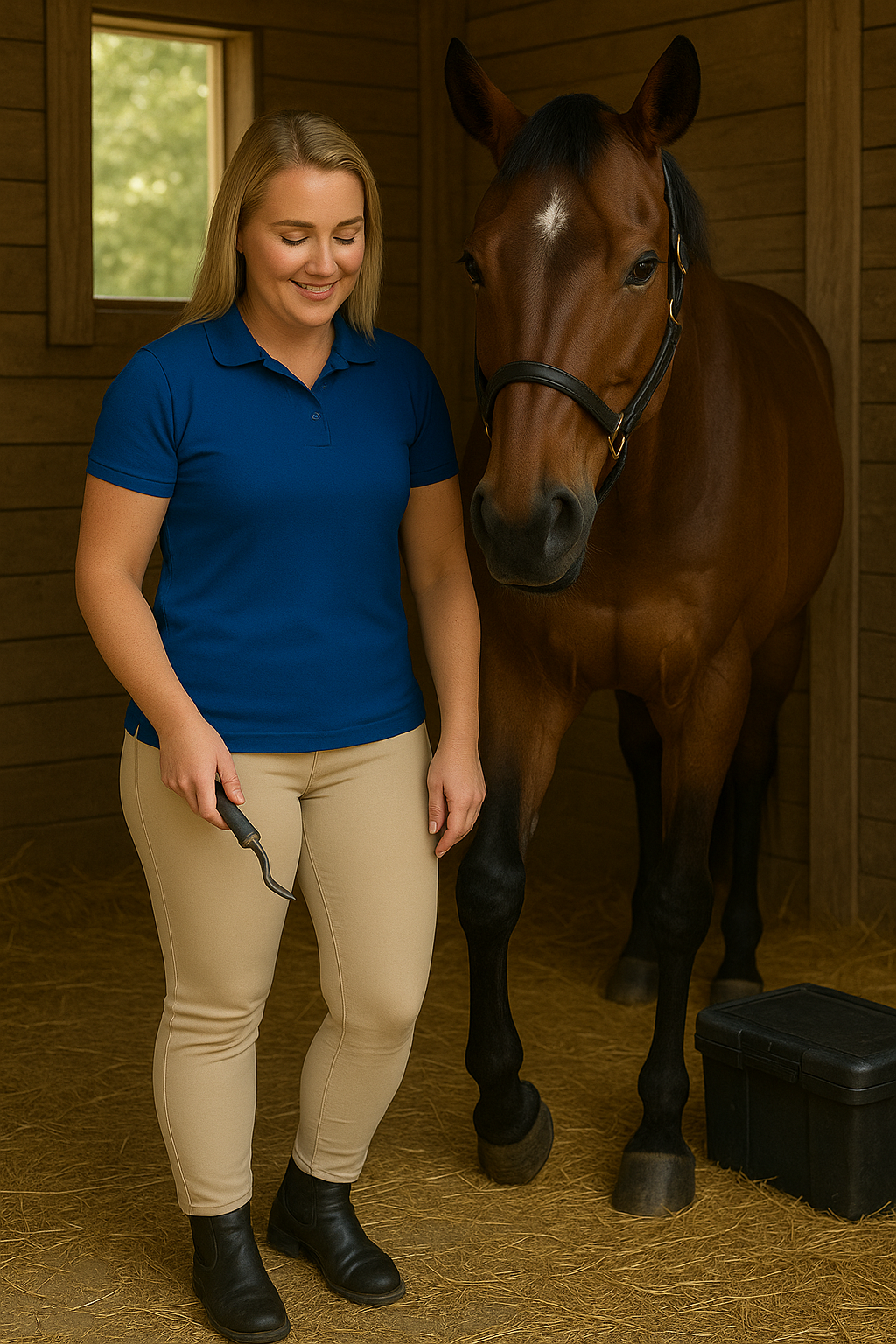 A blonde woman in a blue polo shirt stands beside a bay horse in a stable, holding a hoof pick with a tack box on the floor nearby.