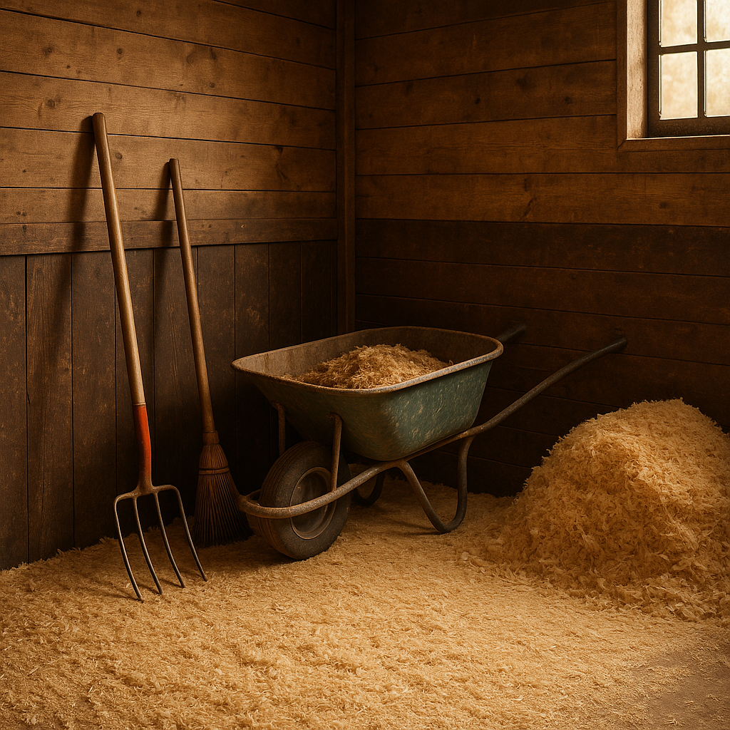 Stable corner with a wheelbarrow filled with shavings, a pitchfork, and broom leaning against wooden walls, ready for mucking out.